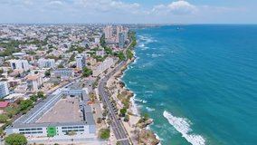 Aerial drone view along George Washington avenue pier and cityscape, Santo Domingo, Dominican Republic