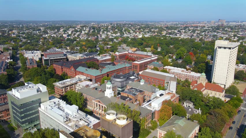 Harvard University Old Harvard Yard including Memorial Hall, Sever Hall, Memorial Church and Widener Library in historic center of Cambridge, Massachusetts MA, USA. 