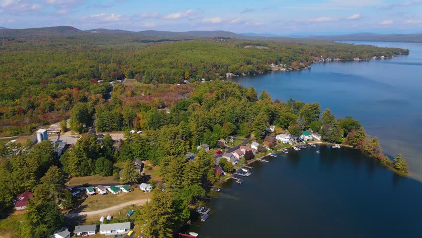 Aerial view of Lake Winnisquam and Winnisquam Sand Bar with US Route 3 bridge between town of Belmont and Sanbornton in New Hampshire NH, USA. 