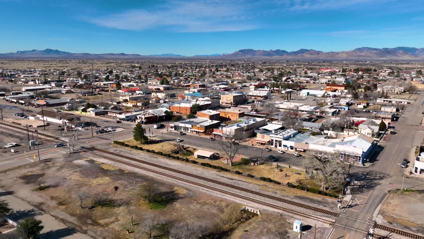 Aerial view of Willcox on Railroad Avenue at W Maley Street in historic city center of Willcox, Arizona AZ, USA. 