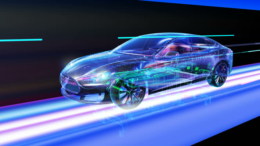 Technology concept: Futuristic blue Car made with Wireframes and Particles on an animated futuristic City Road. Car drives fast. Electric Car speedy drive  in a night city road with light trails. 4K. - Powered by Shutterstock - Get 15% off with code: PIKWIZARD15