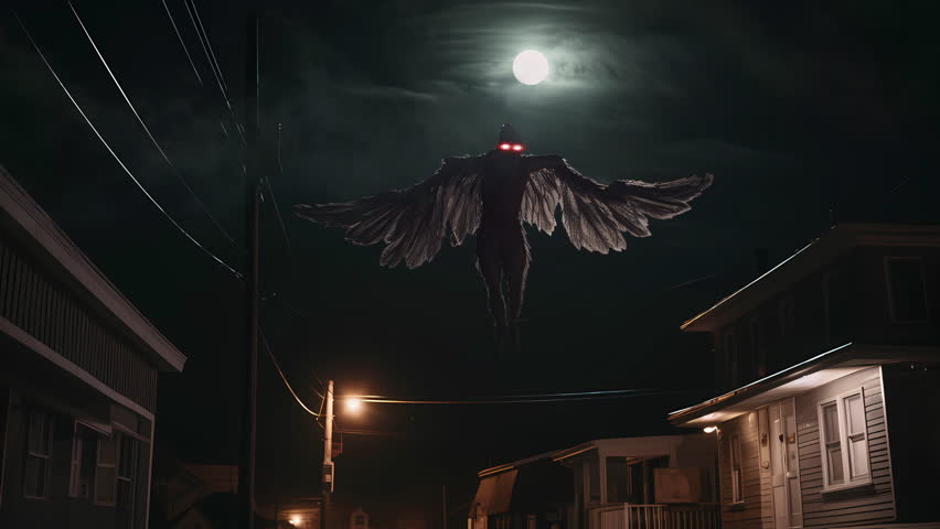 The Mothman flying in the sky above point pleasant at night. The horror legend of the half man half moth creature Royalty-Free Stock Footage #1103324447
