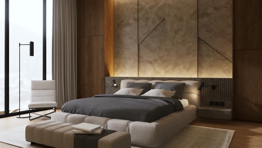 4K video modern luxury hotel bedroom interior design and decoration with white and grey bedding sheet and blanket, white chair, warm light headboard, 3d rendering apartment room with balcony.