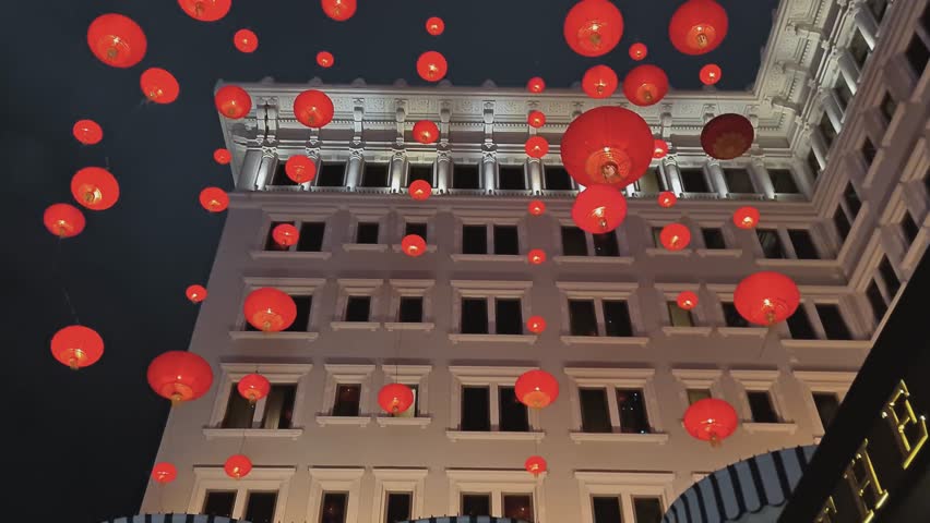 Lantern decorations on street for Chinese New Year in Hong Kong, China at night