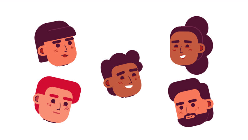 Satisfied men, women icons animation. Animated flat character avatars on white background with alpha channel transparency. Color cartoon style people heads 4K video footage collection for web design