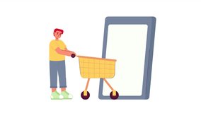 Online store visit animation. Animated guy with shopping trolley 2D cartoon flat character. Mobile e commerce 4K video concept footage on white with alpha channel transparency for web design
