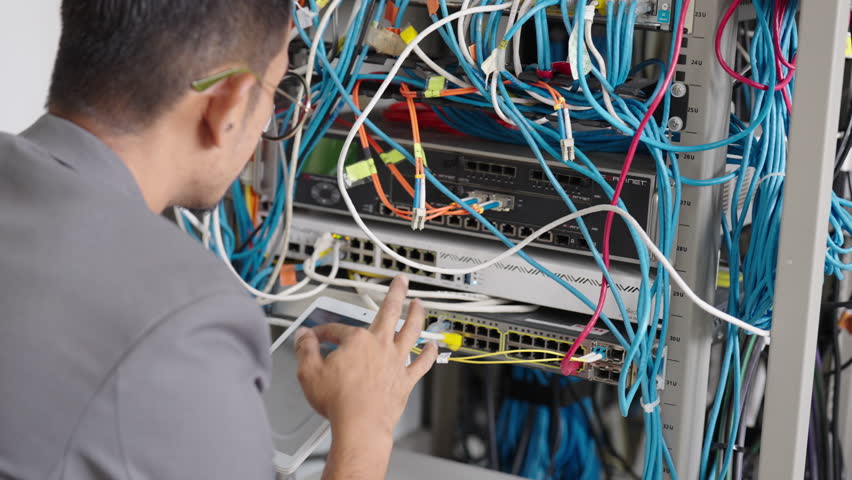 The system administrator is checking network server technology at server room Royalty-Free Stock Footage #1103330401