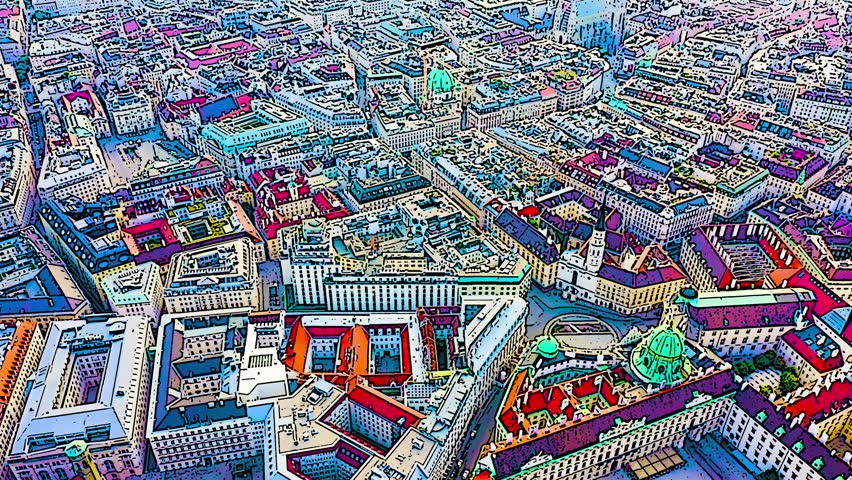 Color sketch in cartoon style. Vienna, Austria. Flight over the historic city center of Vienna, Aerial View
