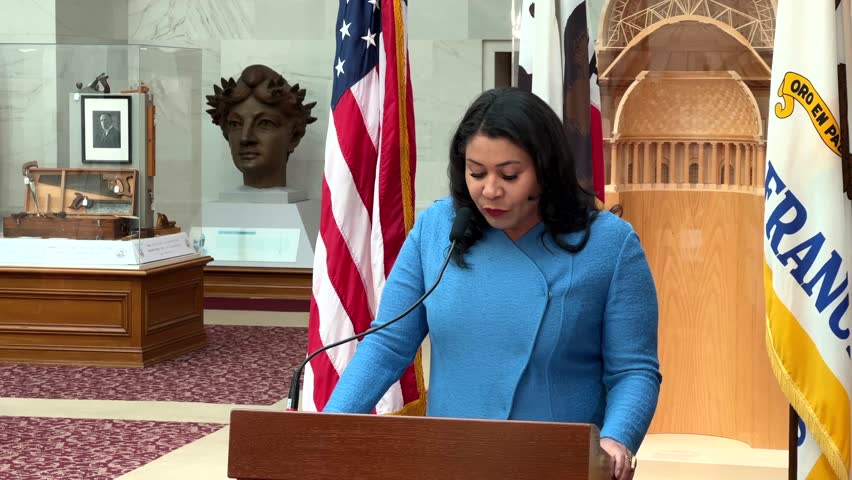 San Francisco, CA - April 26, 2023: 4K HD video Mayor London Breed speaking at a press conf at City Hall to announce the events and celebrations that will take place during APA Heritage Month.
