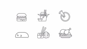 Animated popular dishes line icons. World cuisine animation. Famous meal. Food delivery. Culinary traditions. Loop HD video with alpha channel, transparent background. Outline motion graphic