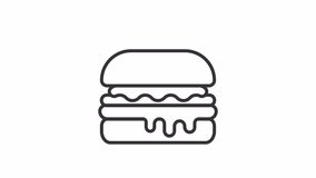 Animated hamburger line icon. Cheeseburger separates and puts back together animation. Fast food restaurant. Loop HD video with alpha channel, transparent background. Outline motion graphic