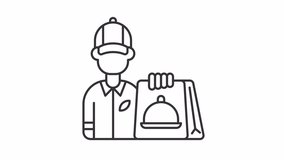 Animated food courier line icon. Delivery man holding meal package animation. Express service. Deliveryman. Loop HD video with alpha channel, transparent background. Outline motion graphic