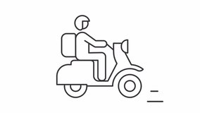 Animated delivery guy line icon. Deliveryman riding scooter animation. Bike order on way. Delivery service. Loop HD video with alpha channel, transparent background. Outline motion graphic