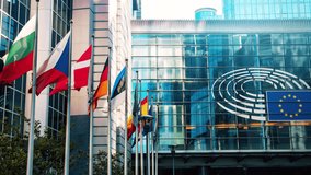 Flags of various European countries waving in front of Parliament building, Brussels 4K - Powered by Shutterstock - Get 15% off with code: PIKWIZARD15