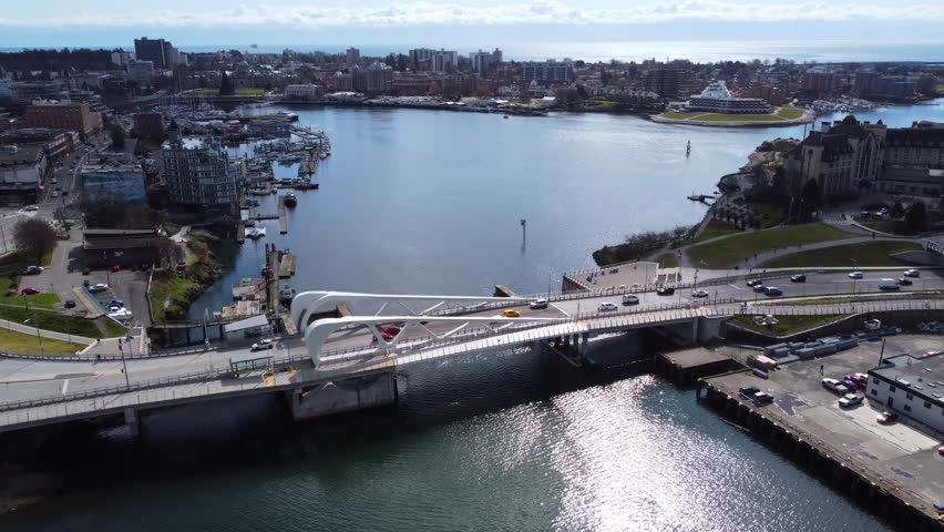 An aerial of the Johnson Street Bridge in Victoria, British Columbia, Canada.