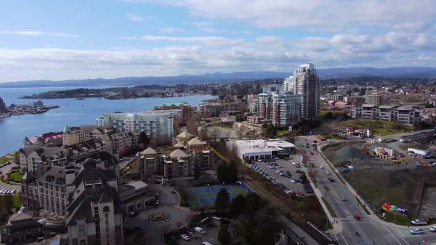 An aerial view of the waterfront and cityscape of Victoria, British Columbia, Canada