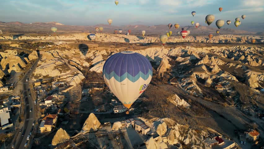 Drone - Hot Air Balloons, Cappadocia, Turkey 2023 - Flying over blue air balloon looking down
