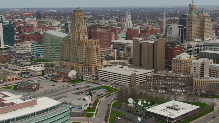 A drone view of the Town of Buffalo in New York on a gloomy day