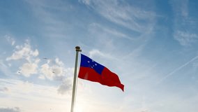 Flag of Samoa waving in the wind, sky and sun background. Samoa Flag Video. Realistic Animation, 4K UHD. 3D Animation