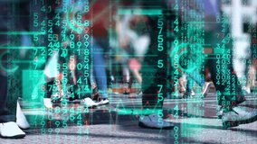 People on city street with technological data background. Business, analytics big data concept. - Powered by Shutterstock - Get 15% off with code: PIKWIZARD15