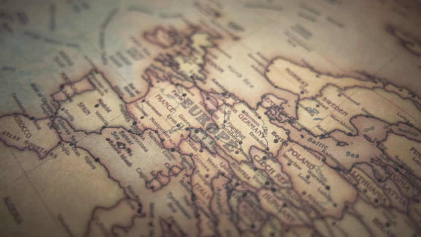 European continent on a vintage political world map. Slow motion, tracking arc shot. Royalty-Free Stock Footage #1103342035