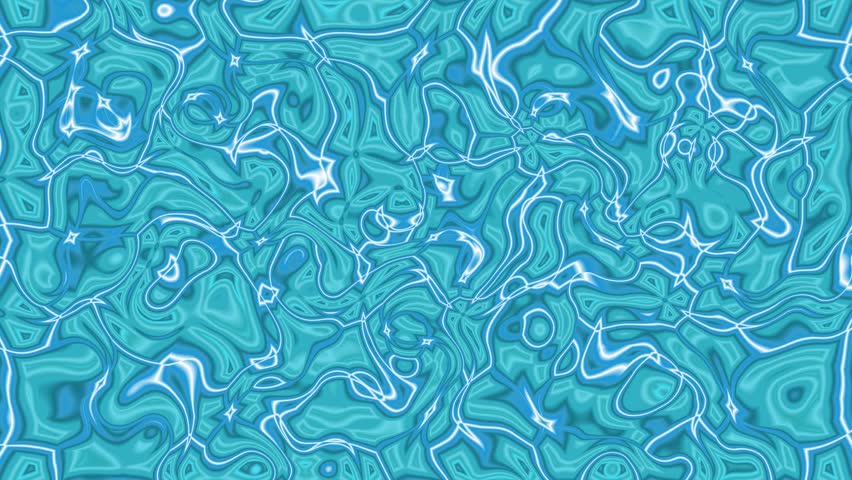Blue caustics kaleidoscope background. Abstract wave water surface fractal. Liquid paint effect. Sea watery turbulence swirl flow texture background. Ripple metallic splash. Shiny water. 4K animation.