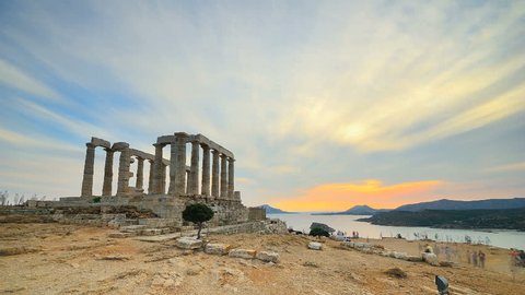Sunset at Cape Sounion, Time Lapse of the Sounio Temple in Greece, from sunset to dusk.