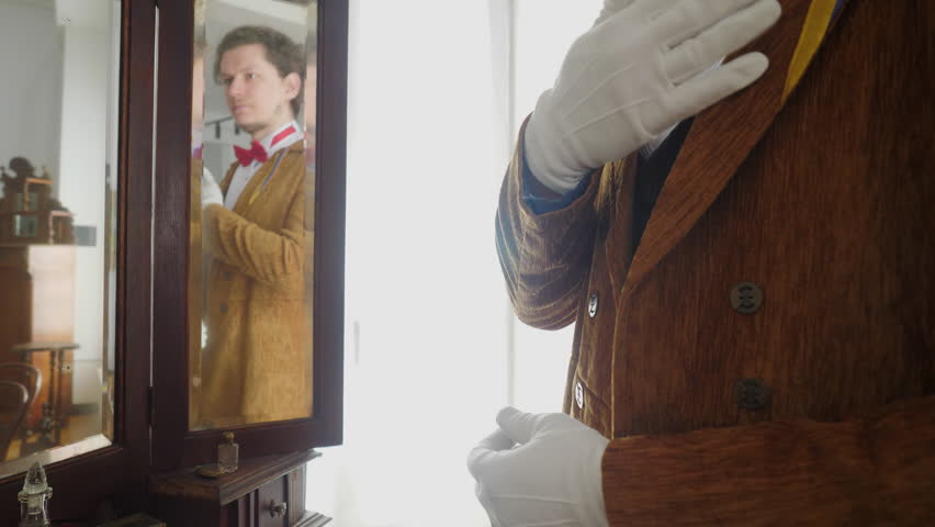 The man is a magician. Stock footage. A young actor in a brown suit with a hat who is assigned to the performance.