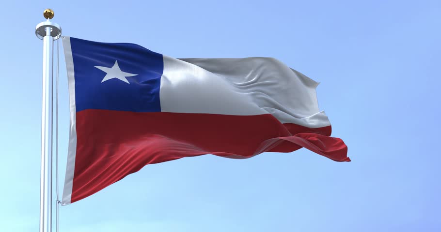 Chile flag waving on a sunny day. The Chilean flag is red and white with a blue square and white 5-pointed star on the white band. Seamless 3d render animation. Slow motion loop. Fluttering fabric.