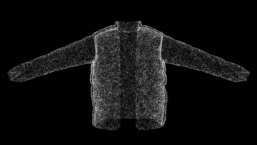 3D jacket rotates on black background. Object made of shimmering particles. Clothing Fashion concept. For title, text, presentation. 3d animation 60 FPS
