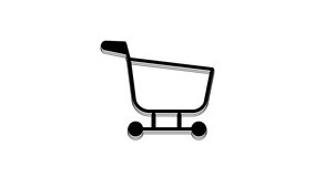 Black Shopping cart icon isolated on white background. Food store, supermarket. 4K Video motion graphic animation.