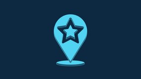 Blue Map pointer with star icon isolated on blue background. Star favorite pin map icon. Map markers. 4K Video motion graphic animation.