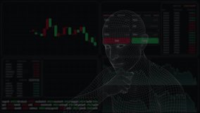The 3d frame of a female head. White robot studying stock charts on a virtual screen. . 3D Illustration