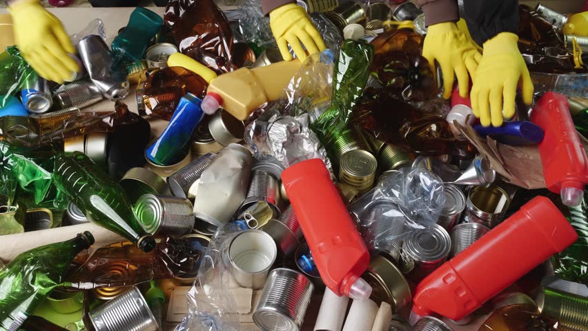 Workers Materials Recovery Facility sort recyclable waste into paper plastics metal glass and other types of material. Manual sorting separated domestic waste