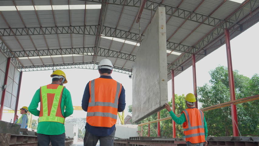 Team young asian engineer man walking while crane lifting precast concrete wall panel with professional at industrial factory, worker working with construction site, industry and transport concept. - Powered by Shutterstock - Get 15% off with code: PIKWIZARD15