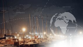 Animation of financial data processing and globe over yachts in port. Business, finances, transport and digital interface concept digitally generated video.