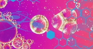 Animation of bubbles over hexagons on purple background. Science, medicine and digital interface concept digitally generated video.