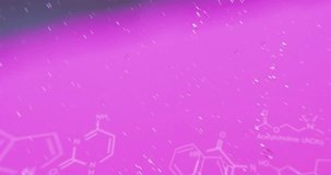 Animation of chemical formula over bubbles on purple background. Science, medicine and digital interface concept digitally generated video.