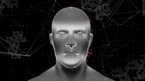 Animation of artificial intelligence text and data processing over human head. Global artificial intelligence, computing and data processing concept digitally generated video.