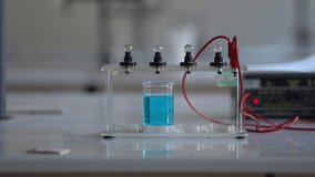 Electrolyte solution turns on a light bulb. Experiment in the chemistry laboratory. 4k footage