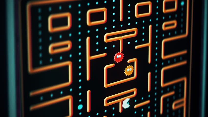 Animation of the old-school console arcade game. Animation of the block collecting points on the maze map of old-school game. Animation of the 8 bit nostalgic old-school game. Classic