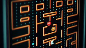 Animation of the old-school console arcade game. Animation of the block collecting points on the maze map of old-school game. Animation of the 8 bit nostalgic old-school game. Classic