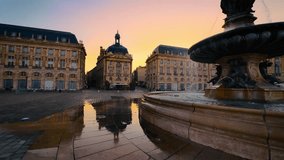 Cinematic footage of Place de la Bourse at sunset in Bordeaux, France. High quality 4k footage