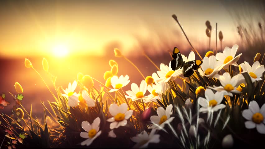 Spring flower meadow. Sun and butterfly animation. 30 second loop Royalty-Free Stock Footage #1103376257