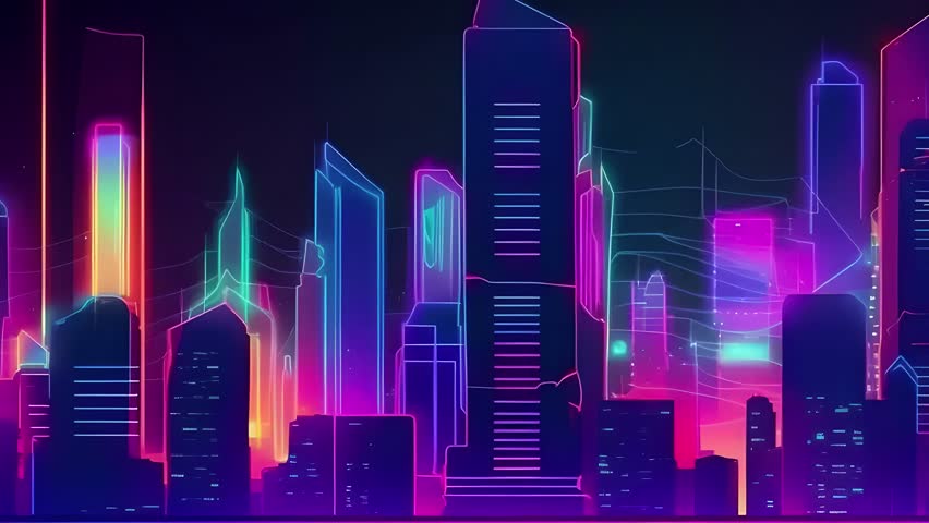 Night city landscape. Skyscrapers. Neon retro futuristic styled video.