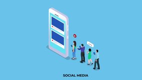 Social media people lining up near a mobile phone 3D isometric cartoon animation in 4K UHD 3840x2160 - Powered by Shutterstock - Get 15% off with code: PIKWIZARD15