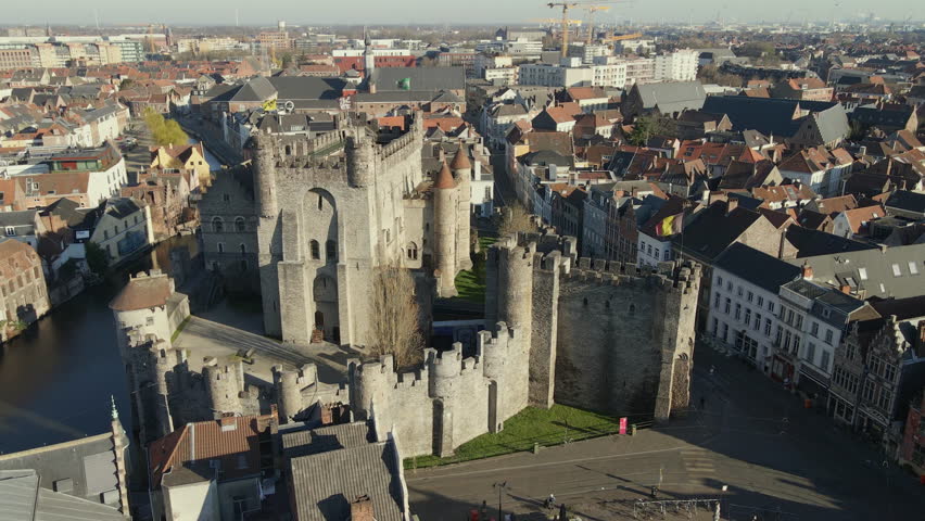 Aerial of Gravensteen Castle and surrounds in Ghent Belgium