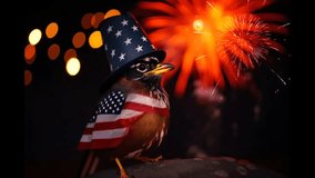 A patriotic bird watching fireworks