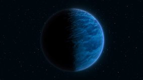 Abstract planet realistic blue extraterrestrial futuristic round sphere against the background of stars in space, video 4k, 60 fps