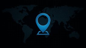 Location icon in global map with waves. Technology pin symbol in digital background. Loop video animation.
